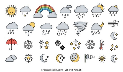 Ícones meteorológicos bonitos ilustração vetorial coleção previsão meteorologia sinais fenômeno natural elementos meteorológicos