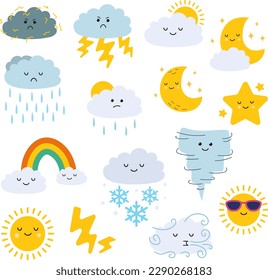 Cute weather. Illustrations of weather cartoons for children, featuring cheerful sun faces, sunny clouds, moons, and isolated tornadoes on a white background, vector format.