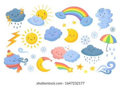 Cute weather. Isolated rainbow, cartoon rain and hurricane. Funny and angry clouds, happy sun and tornado. Emotional nature vector icons