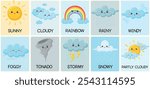 Cute weather learning cards. Different emotions. Children