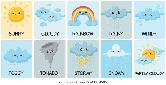 Cute weather learning cards. Different emotions. Children's educational cards. Cloudy, sunny, windy, rainy, snowy, stormy. Cartoon vector illustration.