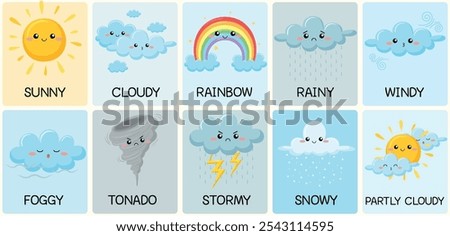 Cute weather learning cards. Different emotions. Children's educational cards. Cloudy, sunny, windy, rainy, snowy, stormy. Cartoon vector illustration.