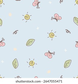 Clima bonito e padrão natural com sol, borboleta, e folhas vetor em um design de tema natural sem costura para roupas, têxteis, cartão, papelaria, capas de telefone, presentes de papel de parede, embalagem,