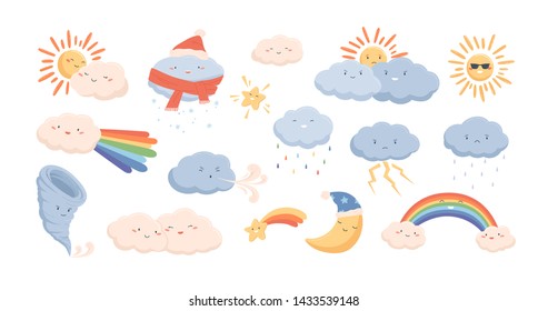 Cute weather phenomena - clouds, wind, rainbow, thunderstorm, tornado, snow, rain, sun and crescent moon. Adorable cartoon characters isolated on white background. Childish vector illustration.