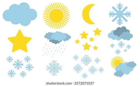 Cute weather phenomena set - clouds, thunderstorm, snow, rain, sun and crescent moon. Cartoon forecast symbols isolated on white background.