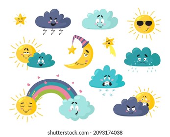 El clima. Llueve nube furiosa, sol de alegría. Sol aislado, iconos de pronóstico del tiempo. Caricatura infantil divertidos personajes, juego de vectores con clase de luna y estrella