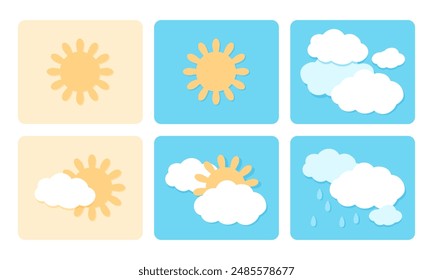  Cute weather report icons. Vector illustration. Rainy, cloudy, sunny day hot cartoon cliparts.