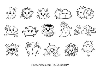 Cute weather set element hand-drawn outline sketch collection