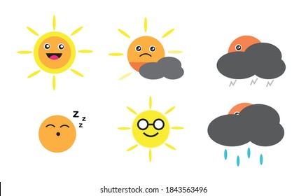 Cute weather set. Emotional weather forecast. Cartoon happy sun, with cloudy, rains, sleep, with glasses. Flat vector for mobile app, website, sticker, icons stock.