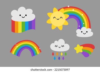 Cute weather set. Emotional weather forecast. Cute sun and happy clouds.