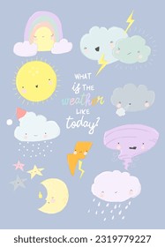 Cute Weather Set. Emotional Weather Forecast. Cute Sun and Happy Clouds. Vector Set