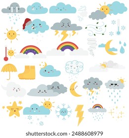 Cute weather set. Emotional weather forecast. Cute sun and happy clouds. Simple cute cartoon design. 