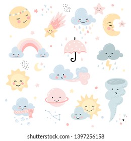 Cute weather set. Moon, star and clouds with rainbow. Vector characters for baby shower, wall decor, greeting card, kids t-shirts and wear. Hand drawn nursery illustration. 