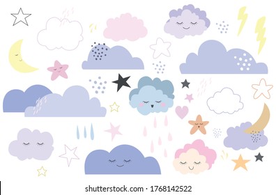 Cute Weather Set Moon, Star And Clouds  .  Vector Characters For Baby Shower, Wall Decor, Greeting Card, Kids T-shirts And Wear