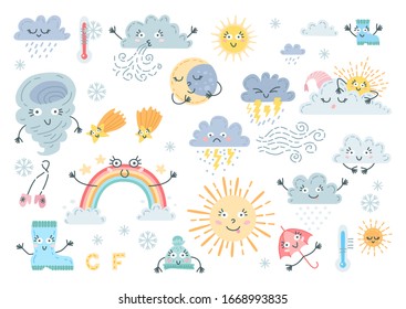 Cute weather set. Vector illustration. Forecast meteorology symbols of sun, rain, storm, snow, wind, moon, rainbow, umbrella. Adorable childish cartoon characters isolated on white background.