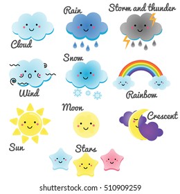 Cute weather and sky elements. Kawaii moon, sun, rain and clouds vector illustration for kids, isolated design elements for children. Stickers, labels, icons, infographics for kids