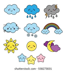 Clima y elementos del cielo. Luna de Kawaii, sol, lluvia y nubes ilustraciones vectoriales para niños, elementos de diseño aislado para niños. Pegatinas, etiquetas, iconos, infografías para niños