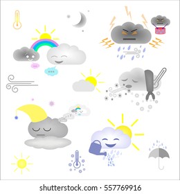 Cute weather and sky elements: moon, sun, rain and clouds vector illustration for kids, isolated design elements for children. Stickers, labels, icons, infographics for kids