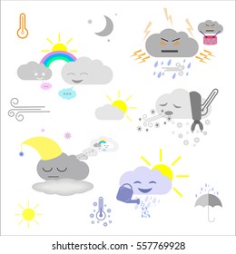 Cute weather and sky elements: moon, sun, rain and clouds vector illustration for kids, isolated design elements for children. Stickers, labels, icons, infographics for kids