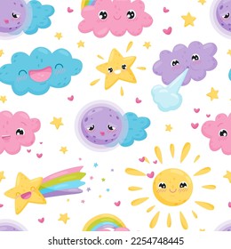 Cute Weather with Sun, Cloud and Star Seamless Pattern Vector Template