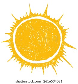 Schattig Weer Zon Element in Hand getrokken Stijl met Grunge Potlood Textuur, Geïsoleerd op Witte Achtergrond. Leuk natuur zomer element. Zon, warmte-icoon met stralen