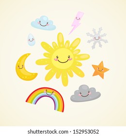 Cute weather: sun, moon, star, cloud, snowflake, raindrop, lightning, rainbow.