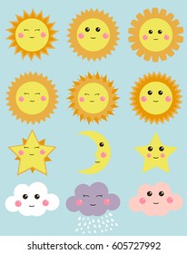 Cute weather: sun, moon, star, clouds. Design elements for kids illustrations