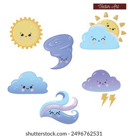 cute weather sunny rainy shady monsoon character cute sticker symbol clipart pack