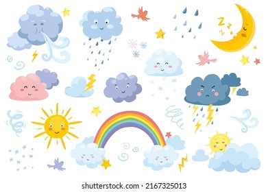 Cute weather symbols in cartoon style set isolated elements. Bundle of rainy clouds, sleeping crescent moon, fluffy cloudiness, rainbow, sun with face emotions. Vector illustration in flat design