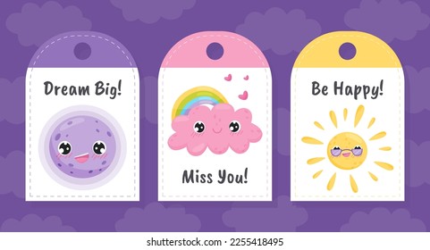Cute Weather Tags with Sun, Cloud and Moon with Inscription Vector Template