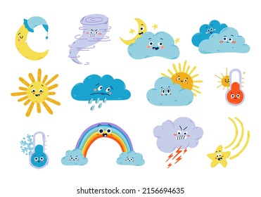 Cute weather vector illustration. Funny icon set of sun, cloud, moon, storm, rain and thermometer isolated on white. Childish collection of weather.
