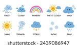 Cute weather vector set for kids with funny sun, rainbow, cloud character. Learning weather, forecast vocabulary for kindergarten, primary school, preschool. Cloudy, sunny, windy, rainy, snowy, stormy