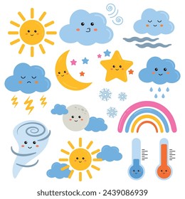 Cute weather vector set for kids with funny sun, rainbow, cloud, star, moon characters. Learning weather, forecast vocabulary for kindergarten, primary school, preschool. Cute funny weather icons set.