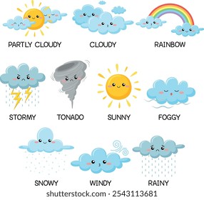 Vetor de tempo bonito definido para crianças. Tempo de aprendizado, vocabulário de previsão para crianças com sol engraçado, arco-íris, caráter de nuvem. Nublado, ensolarado, ventoso, chuvoso, nevado, tempestuoso. Ilustração de vetor de desenhos animados. 