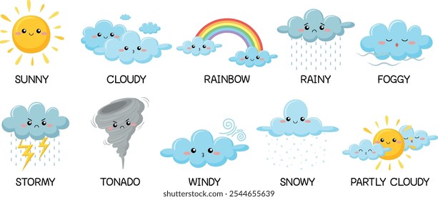 Conjunto de Vector de Clima lindo para niños. Aprendiendo Clima, vocabulario de pronóstico para niños con sol divertido, arco iris, carácter de nube. Nublado, soleado, ventoso, lluvioso, nevado, tormentoso. Ilustración vectorial de dibujos animados. 