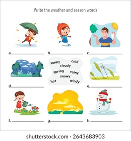 Cute weather vector set for kids. Learning weather, forecast vocabulary for children with funny sun, rainbow, cloud character. Cloudy, sunny, windy, rainy, snowy, stormy. Cartoon vector illustration.