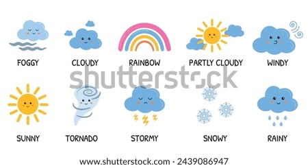 Cute weather vector set for kids with funny sun, rainbow, cloud character. Learning weather, forecast vocabulary for kindergarten, primary school, preschool. Cloudy, sunny, windy, rainy, snowy, stormy