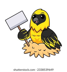 Cute weaver bird cartoon holding blank sign