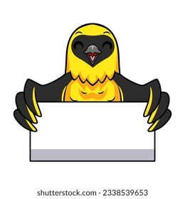 Cute weaver bird cartoon holding blank sign