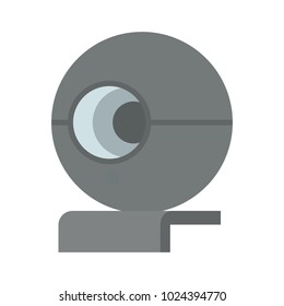 Cute web camera template, color vector illustration isolated on white background, round camera lens, grey case with ball shape, special folded stand
