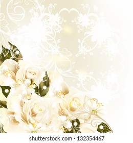 Cute wedding background with roses, lace and place for text