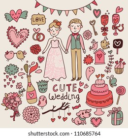 Cute wedding. Big cartoon romantic set in vector