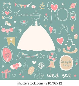 Cute wedding. Big cartoon romantic set in vector.  Bright illustration, can be used as creating card, invitation card for wedding, birthday or vintage background. 