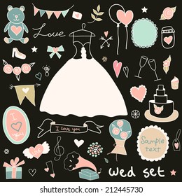 Cute wedding. Big cartoon romantic set in vector. 