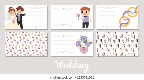 Cute wedding business cards set with just married couple, bride, groom, bridegroom, rings. Vector marriage ceremony print templates. Matrimonial design for tags or party decoration
