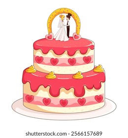 Cute Wedding Cake with Couple Figures on Topping in Cartoon Style for Event Design or Logo