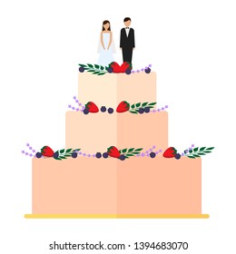 Cute wedding cakes with floral decoration isolated on a white background. Wedding pie with bows and toppers bride and groom Vector illustration