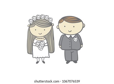 Cute wedding card - bride and groom in cartoon style. Invitation, logo, label or tag design