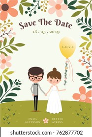 Cute wedding card cartoon bride and groom, in the garden theme