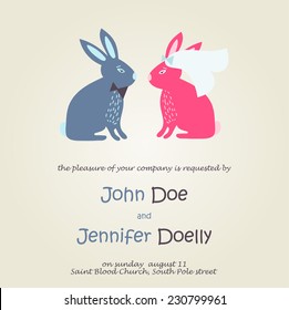 Cute wedding card with rabbits in bride and groom costumes. Vector invitation. Valentines day.